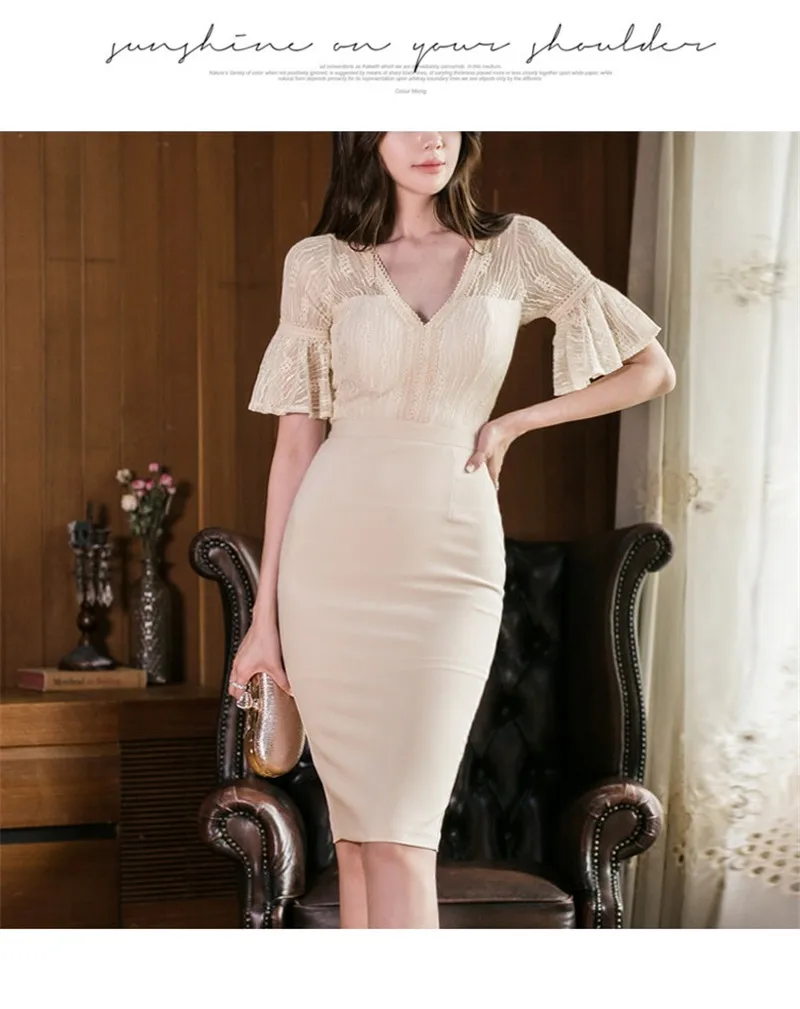 CBAFU летнее вечернее платье vestidos женское элегантное кружевное платье с v-образным вырезом и Расклешенным рукавом, тонкое облегающее платье-карандаш офисное женское OL Летнее P189