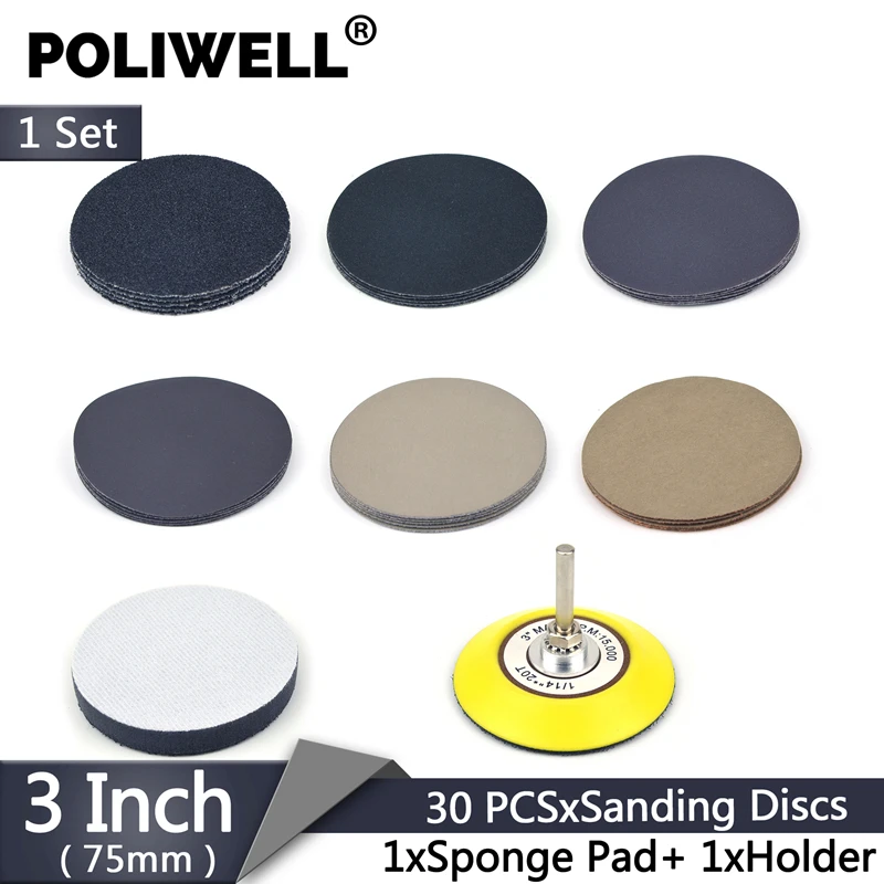 

POLIWELL 3 Inch 75mm 30 PCS Assort Grit Waterproof Sanding Discs+ 6mm Shank Sanding Pad +Soft Sponge Pads Car Wood Polishing Kit