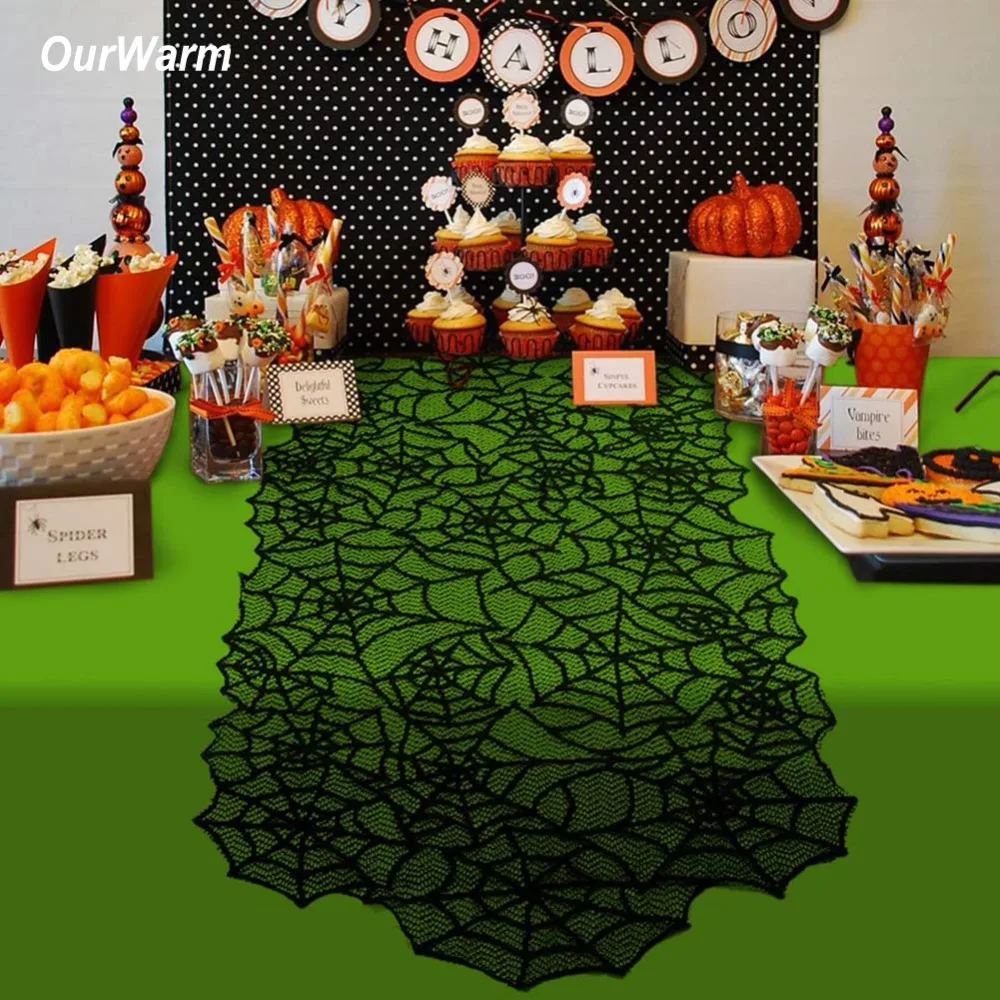 

OurWarm Halloween Mantel Table Decoration 51x203cm Spider Web Lace Table Runners Fireplace Christmas Halloween Decoration Horror