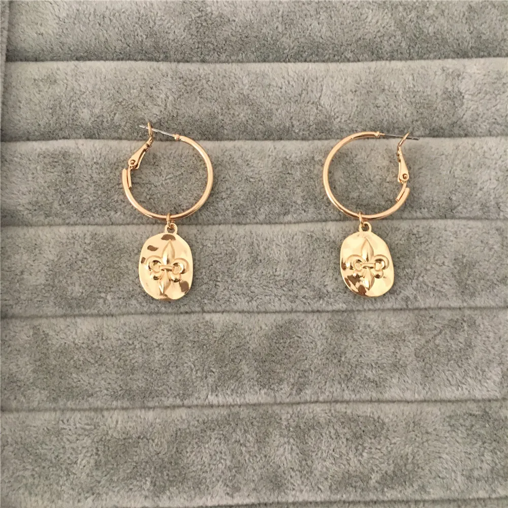 

CASUAL EARRINGS GOLD SILVER COLOR CROSS ENGRAVED HAMMERED DISC CHARM HOOP EARRINGS FOR WOMEN GIRL