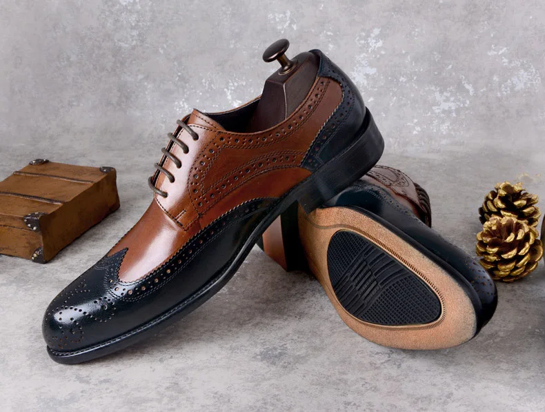QYFCIOUFU/Роскошная итальянская мужская официальная обувь с перфорацией типа «броги»; качественная обувь из натуральной коровьей кожи; синие модельные туфли на шнуровке в стиле ретро; два цвета