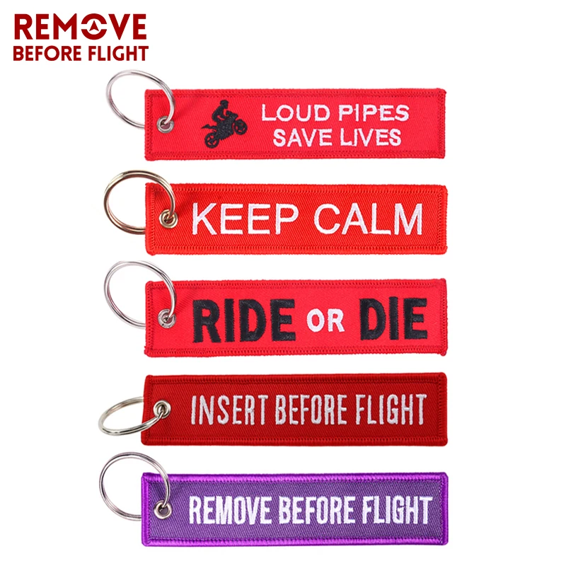 

Fashion INSERT BEFORE FLIGHT Key Chain Tag Jewelry Keychain for Motorcycles and Cars OEM Key Chains Red Embroidery Key Fobs