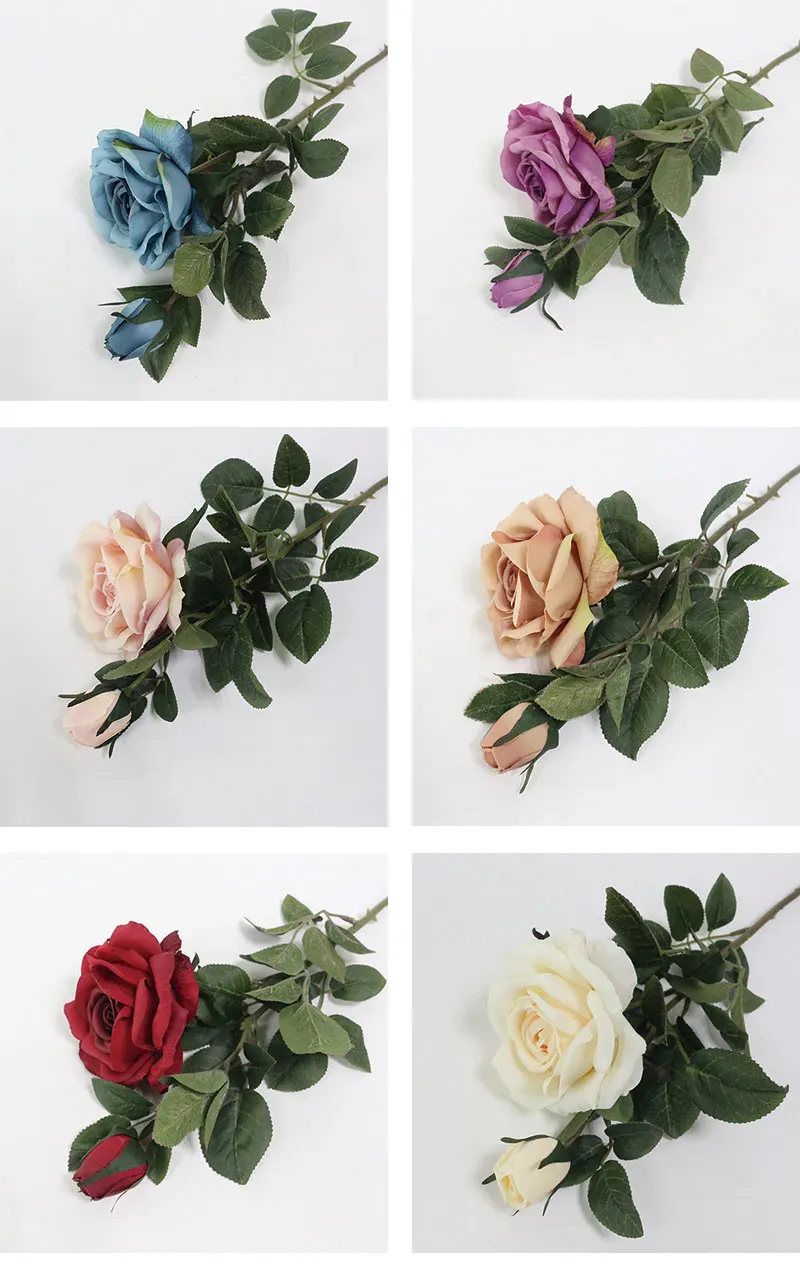 Flone 2 Heads Artificial Rose Silk Flower Fake Leaf Long Rose Buds Artificial Flowers Bouquet Home Wedding Party Decor Gift (9)