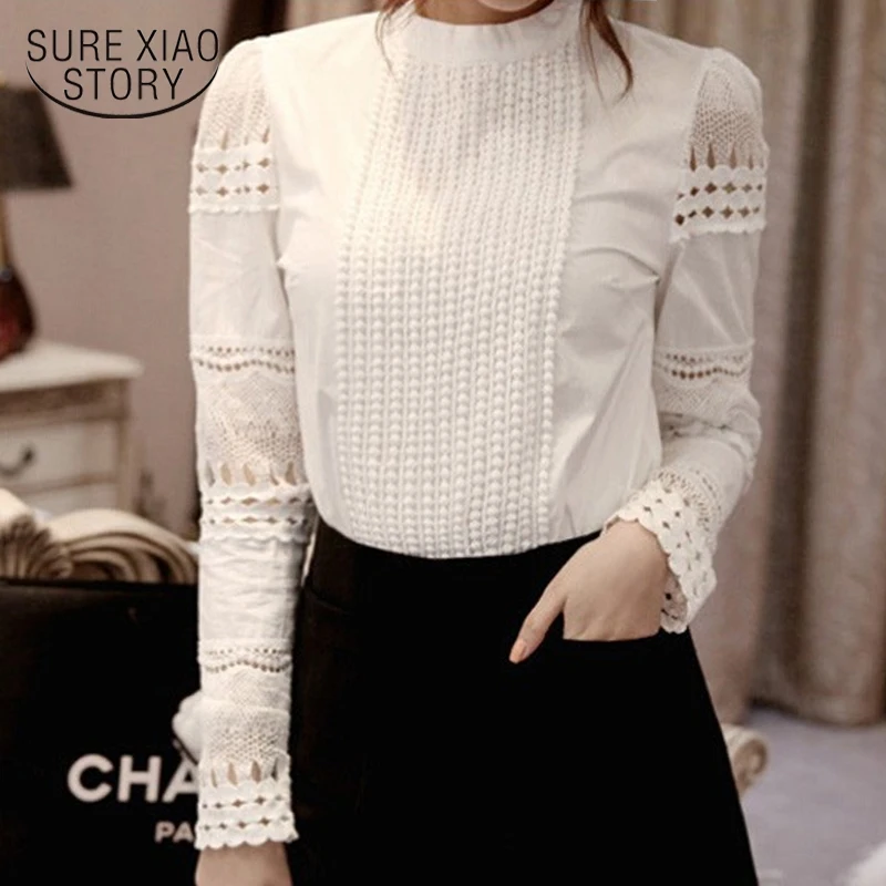

2019 New Women casual shirt Lace Hollow Sleeve Shirts Blusas Long Sleeve Chiffon Blouses Fashion White Tops women clothing 8H20