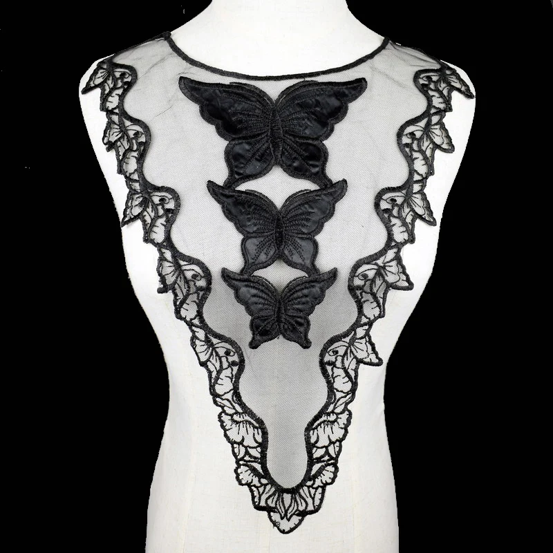 Black Embroidery Collar Venise Sequin Floral Embroidered Applique Lace Neckline Collar Garment Accessories 1Pc