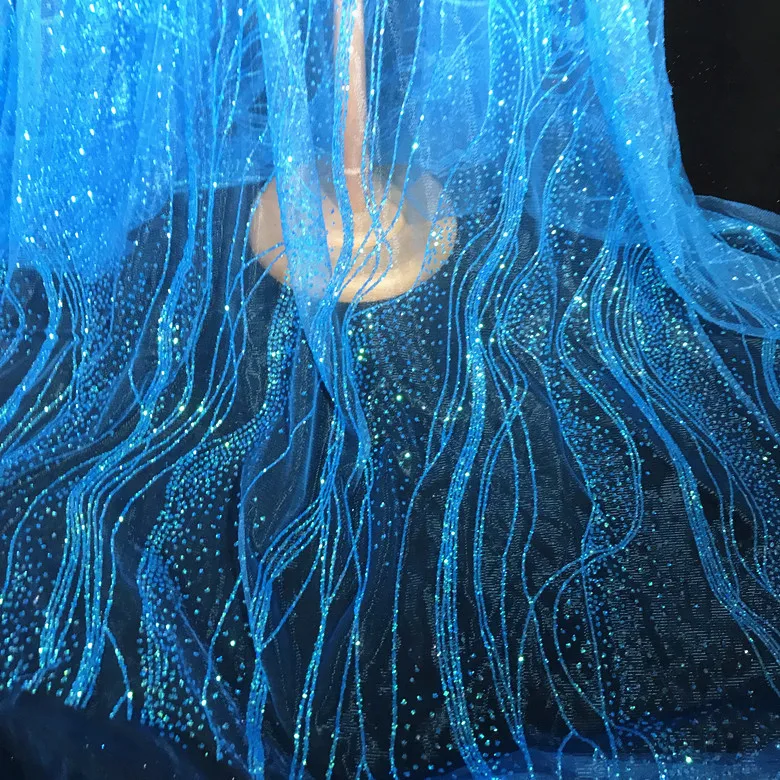 1 ярд, новинка, INS, ярко-голубая железная бронзовая блестящая ткань с пайетками, волнистый узор, кружевная ткань для свадебного платья, дизайнерский материал