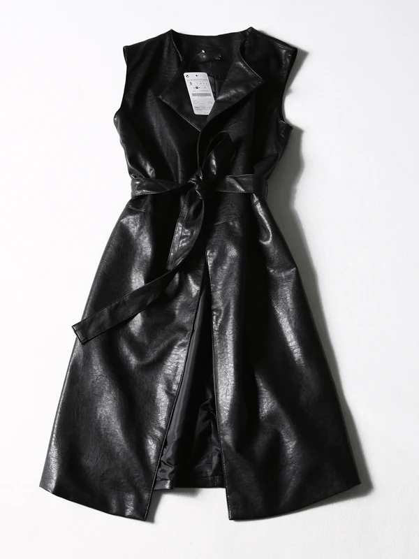 Goedkoop Koffie Zwart Groen Lange Lederen Vest PU Vrouwen Zachte Vest Dames Lederen Turn down Kraag Vest Colete vrouwelijke Met riem W449