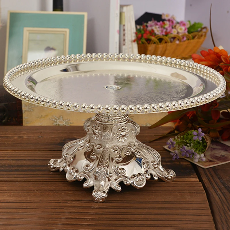 

European Shiny Silver Plating 10 inches Round Footed Metal Alloy Cake Tray Fruit Display Plate