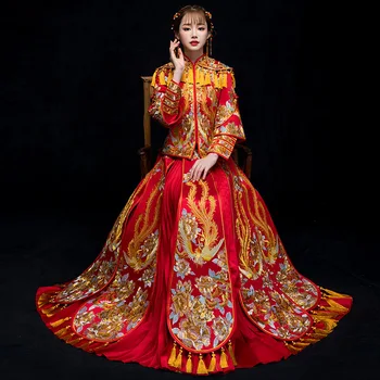 

Ancient Classic Embroidery Phoenix&Formal Bride Marriage Suit Traditional Tassel Rhinestone Cheongsam High Quality Wedding Qipao