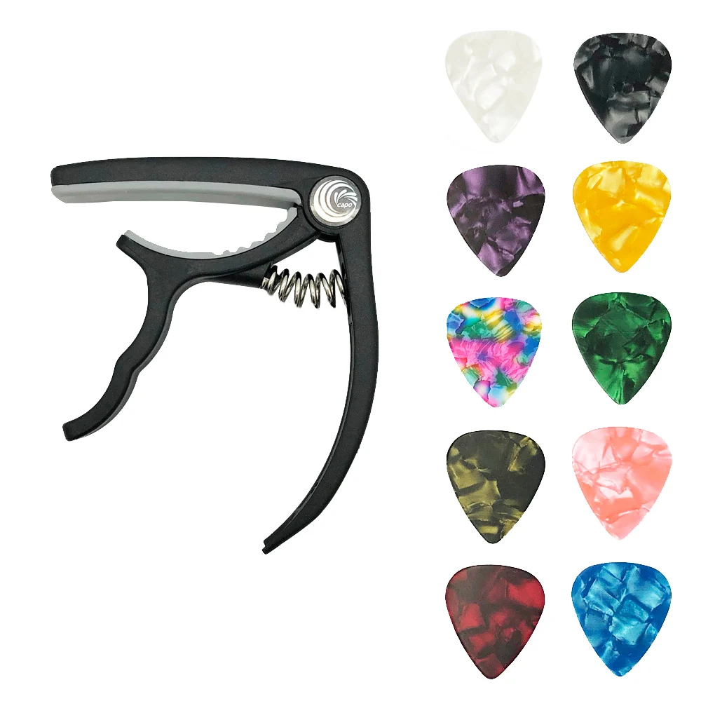 SLOZZ Guitarra de plástico Capo + 10 selecciones mediador para Guitarra eléctrica acústica Capotraste accesorios 0,96 0,71 0,46mm de espesor