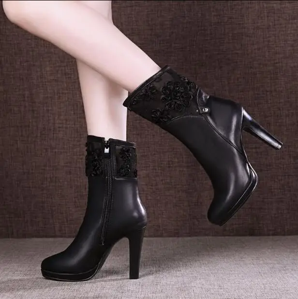 Новые модные сапоги до середины икры женские черные пикантные сапоги на высоком каблуке женские туфли-лодочки на платформе женская обувь на каблуке 9 см, aa0611 - Цвет: Черный