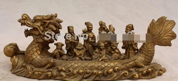 

Fast shipping 12" Chinese Bronze 8 Eight immortal God Buddha Cross Sea On Dragon Boat Statue