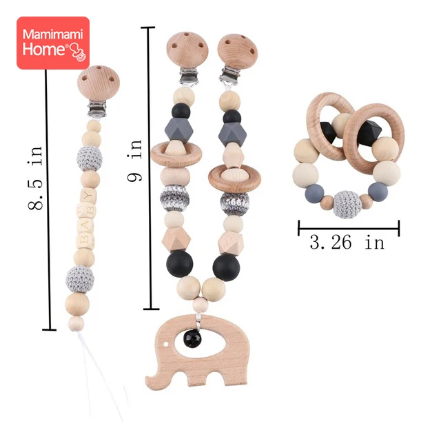 Детский деревянный Прорезыватель для зубов, 1 набор, зажим для детской коляски, бук, грызун, гимнастическая игра, персонализированное имя, соска, цепь, жевательный браслет, детские товары, игрушка - Цвет: Black Set 4