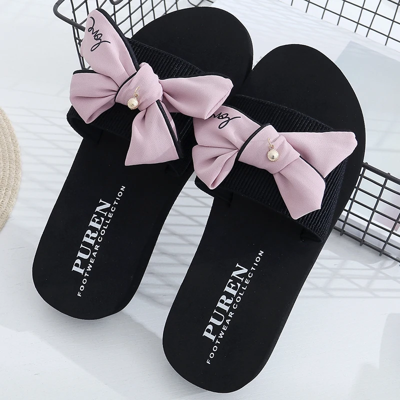 

Litthing Slip on Wedge Women Slik Bow Summer Sandals Slipper Outdoor Flip-flops Beach Shoes Female Casual chanclas mujer