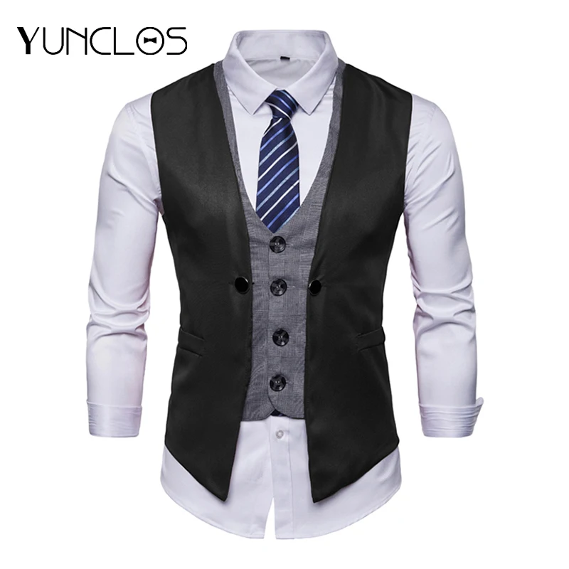 

YUNCLOS Fake 2 Pcs Men Suit Vest Single Breasted Patchwork Wedding Slim Fit Vest Waistcoat Business Formal Vest with Tie