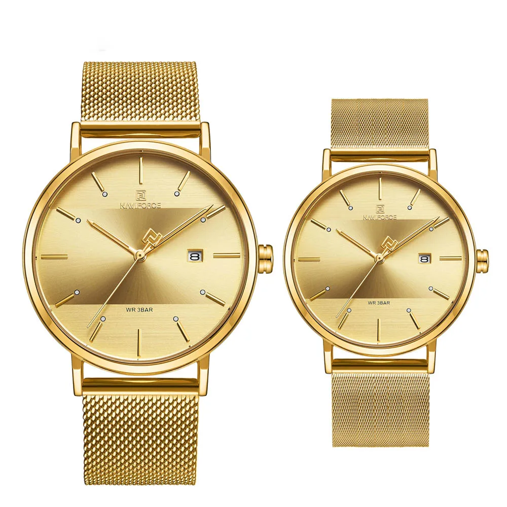NAVIFORCE Топ люксовый бренд мужские s часы кварцевые простые мужские женские комплект часы водонепроницаемые мужские наручные часы для пары Relogio Masculino - Цвет: Gold