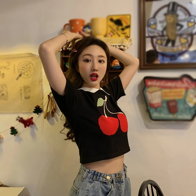 

Women's Sexy Turn-down Collar Knitted Cherry Print Short Sleeve Knitted Polo Shirt Top Tees Casual T Shirt Short Sleeve Crop Top