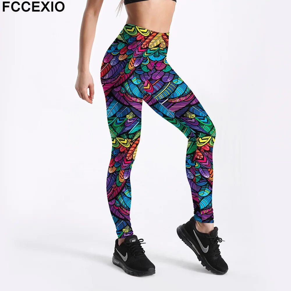 

FCCEXIO Women Workout Leggings High Waist Fitness Legging Colored Feathers Print Leggins Female Leg Pants Large Size Leggings