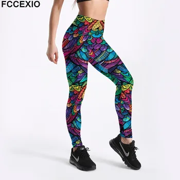 

FCCEXIO Women Workout Leggings High Waist Fitness Legging Colored Feathers Print Leggins Female Leg Pants Large Size Leggings