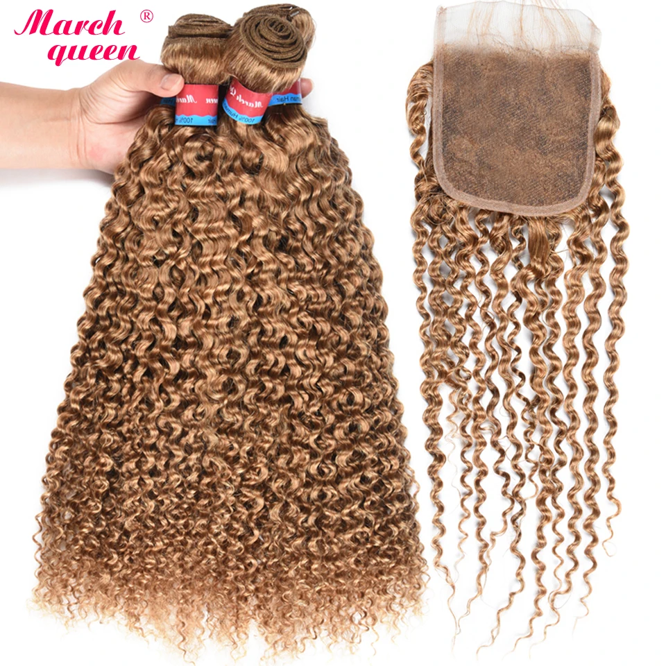 

#27 Honey Blonde Color Burmese Human Hair Weave 4 Bundles with Lace Closure Non Remy Burmese Curly Hair Extensions