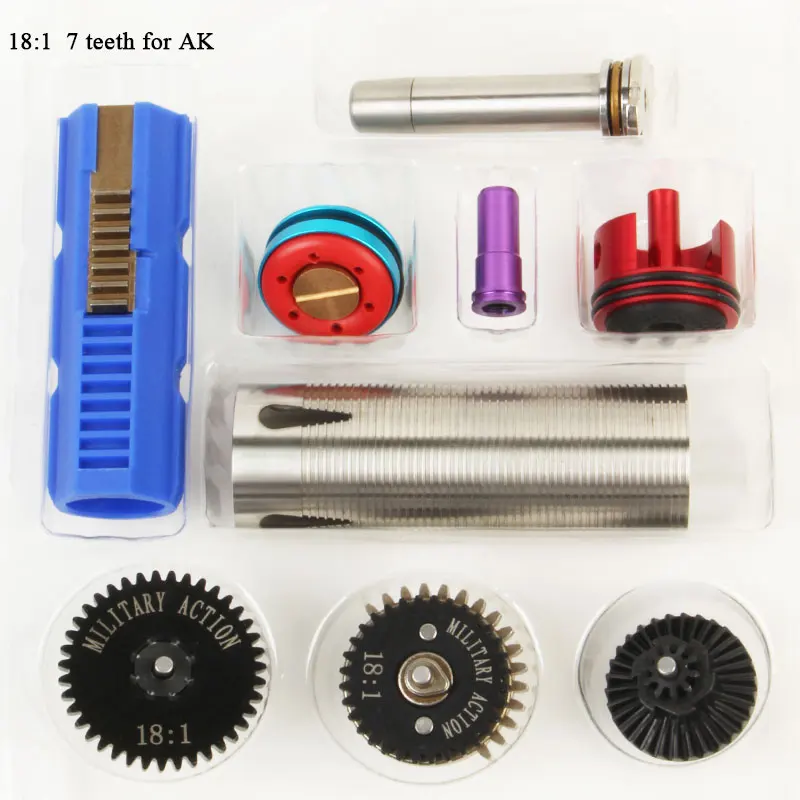 

18:1 High Speed Gear 7 Teeth Piston stainless Cylinder Piston Head Spring Guide Nozzle Tune-Up Set for M4/AK series Airsoft