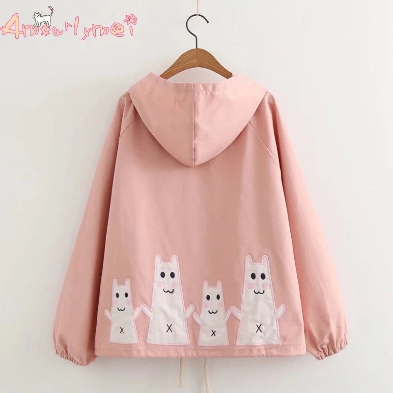 

Amourlymei Autumn Women Jacket Mori Girl Cute Cartoon Embroidery Loose Hooded Long Sleeve Casual Jacket Coat Female Outerwear