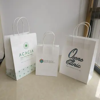

Wholesales 1000pcs/lot 27Hx21x11cm Fashion Printed Logo Fancy Shopping Gift White Kraft Paper Bag with Paper Rope for Store Use