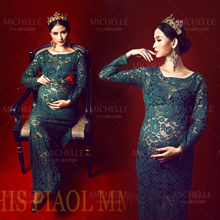

Royal Maternity pregnant women Photography Props Dark green Elegant Romantic Photo Shoot Lace Dress Costume Clothing