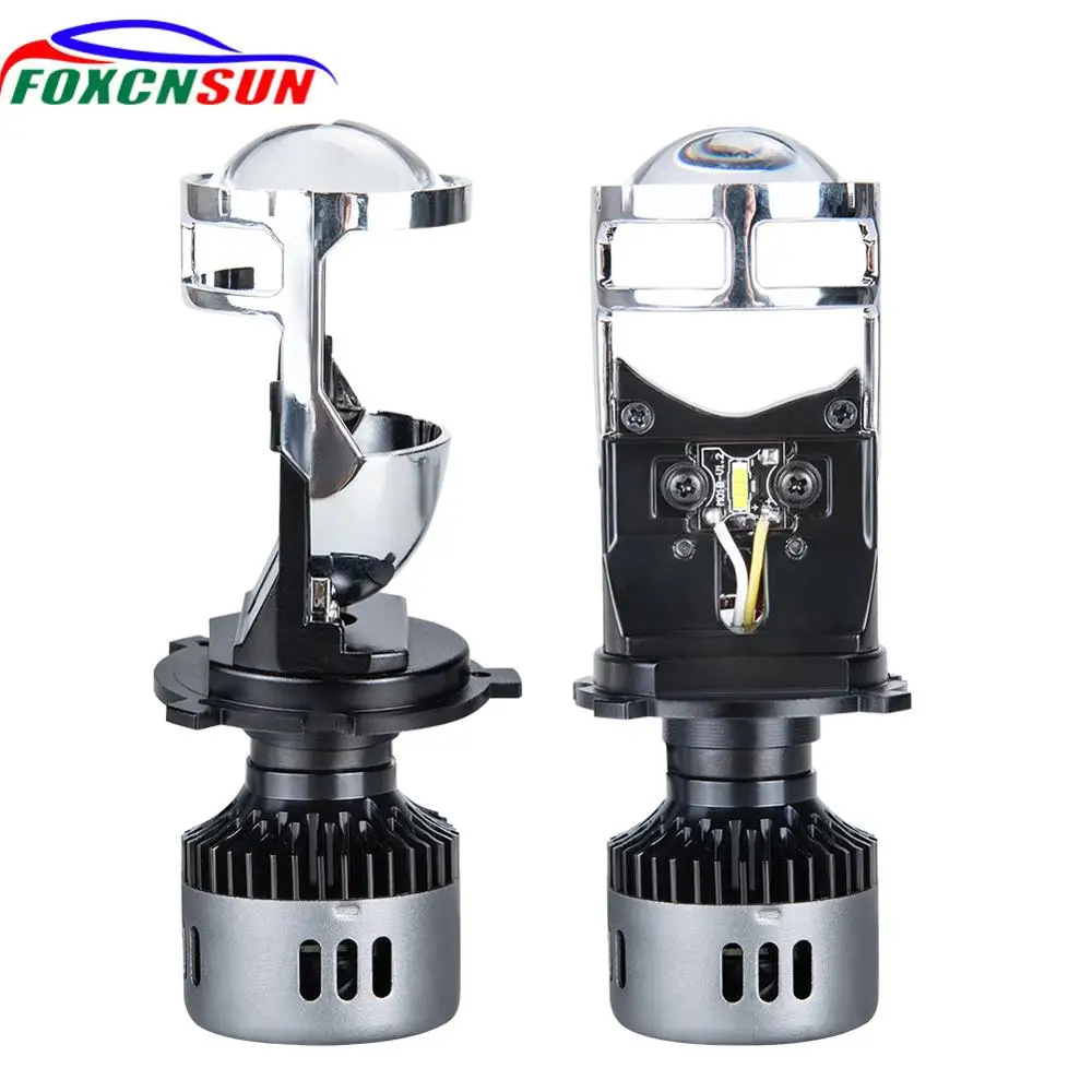 

Foxcnsun 2Pcs Universal LED H4 hi-lo mini Projector Lens 6500K White 9600lm Silver Shroud LED Bulb H4 Motorcycle Car Headlight