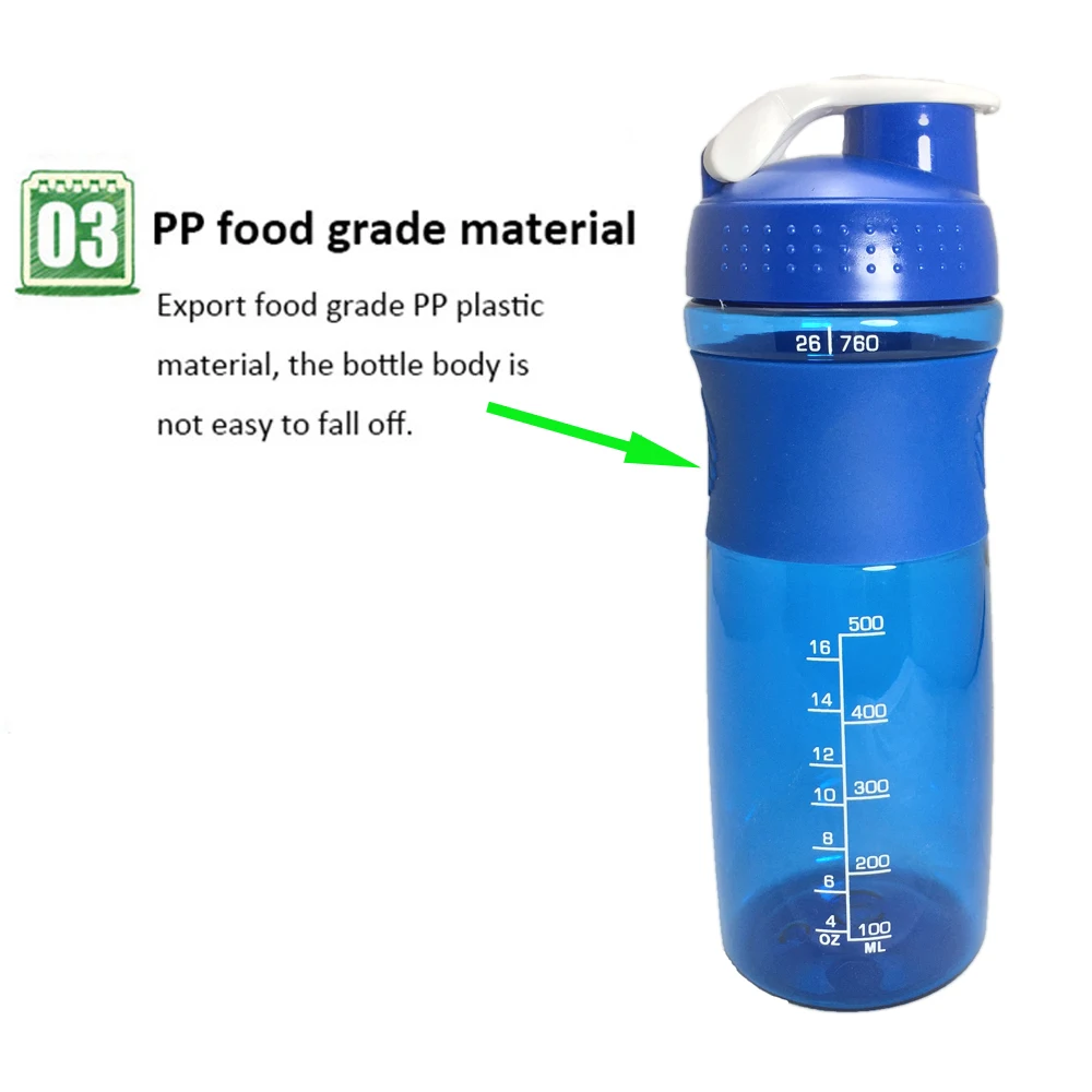 760ML Sports Shaker Bottle With Whisk Ball Sports Whey Protein Powder Water Bottle Fitness Gym BPA-Free Powerful Leakproof