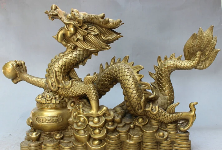 

S2934 18" Chinese Brass Decoration Mascot Auspicious Dragon Ball Treasure Bowl Statue D0318
