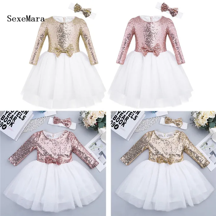 Kids Champagne Baby Flower Girl Dress Sequins Long Sleeve Girls Party Birthday Gown Wedding Bridesmaid Princess Dresses