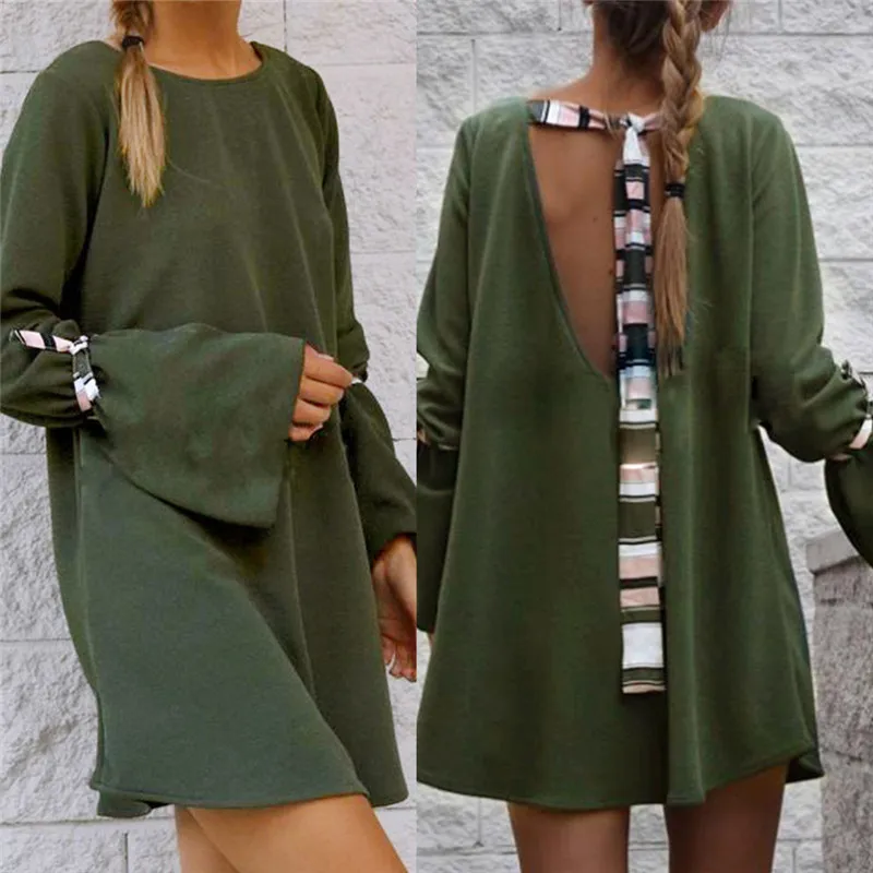 

JAYCOSIN 2019 Spring Autumn Dress Women Fashion Sexy Backless Long Sleeve Chic Mini Dress Daily Casual Loose O-Neck Dress Jul#5