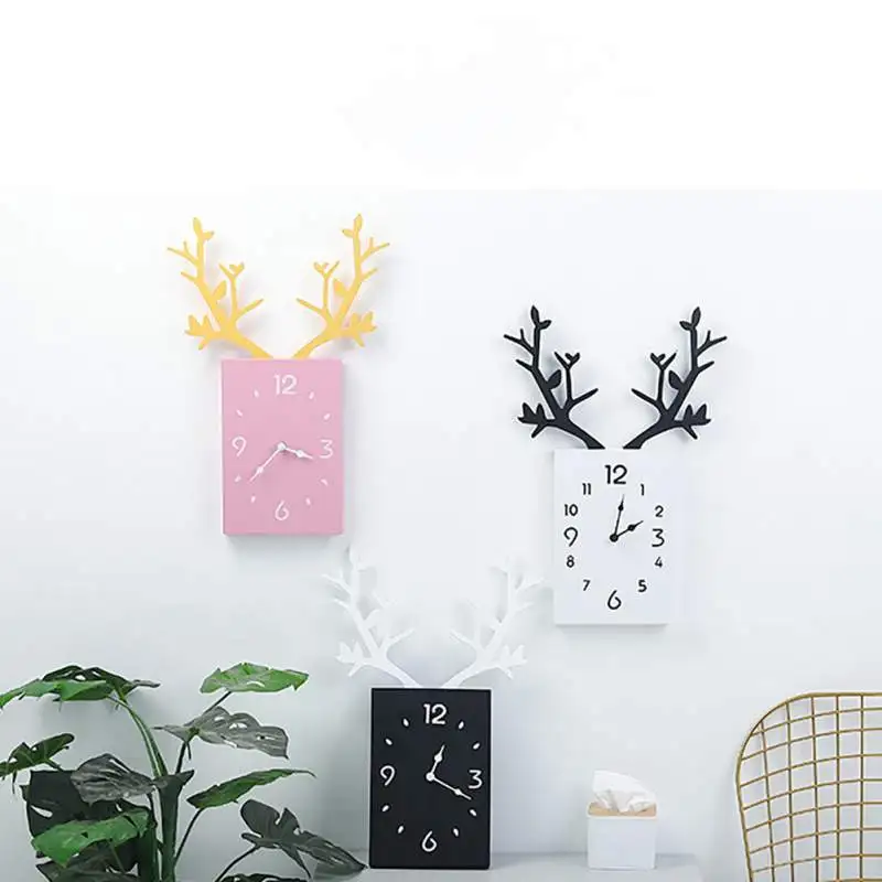 Wooden Wall Clock Nordic Style Design Creative Unique Design Antler Decorative Clocks Loft Wall Hanging Wood Clock Home Decor