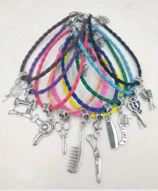 

20Pcs New Ancient Silver knitting Wool Sewing Machine Scissors Tape Measure Bracelet Charm Multicolor Leather Rope Bracelet