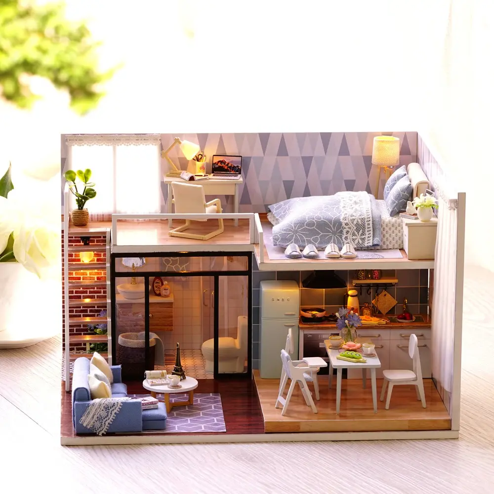 

DIY Miniature Loft Dollhouse Mini 3D Wooden House Miniature Furniture Handmade Toy Whole Home Bathroom Kitchen Living Bed Room