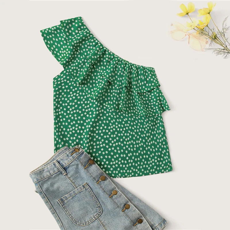 ROMWE Boho/блузка с одним плечом и рюшами, с рукавом-крылышкой, с зеленым цветком, для женщин, милый девчачий, многоуровневый, волан, летние блузки-топы