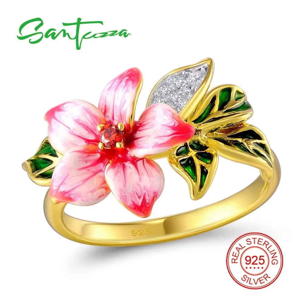 SANTUZZA серебряное кольцо для женщин, подлинный 925 пробы, серебряный, розовый, Цветущий цветок, очаровательные модные ювелирные изделия ручной работы, эмаль