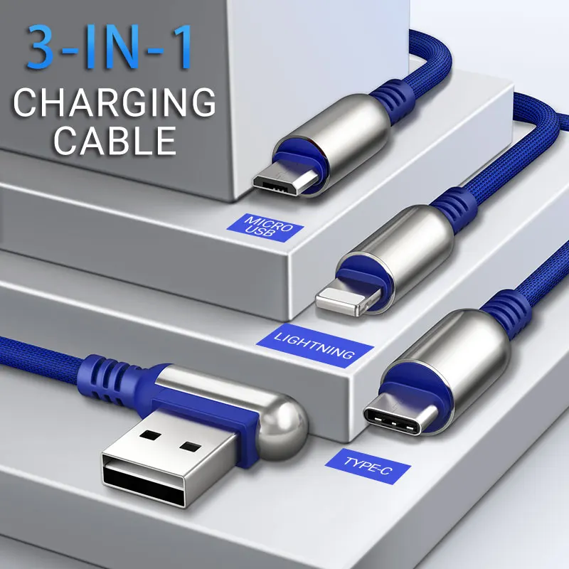 

hoco 3 in 1 usb cable for lightning micro usb type c right angled reversible connector fast charging wire charger for phones