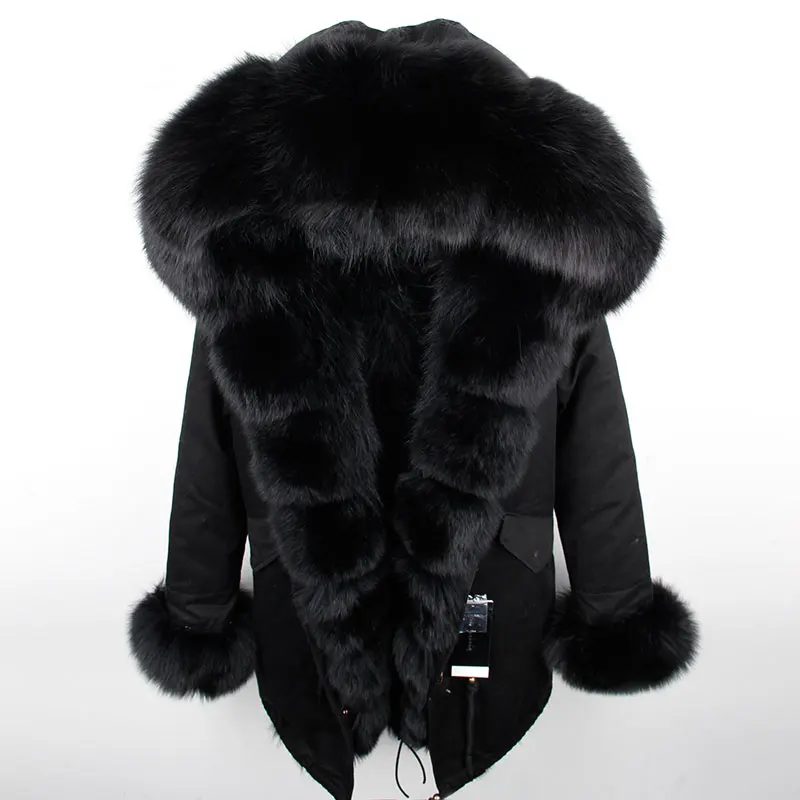Брендовая Новая модная женская Длинная зимняя куртка роскошное большое пальто с капюшоном и воротником из лисьего меха теплая парка с подкладкой из лисьего меха наивысшего качества - Цвет: black black