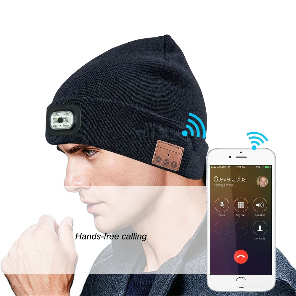 

Wireless Bluetooth Beanie Hat with LED Headlamp Musical Winter Cotton Knitted Cap for Answer Call Listen Music Built-in Earphone
