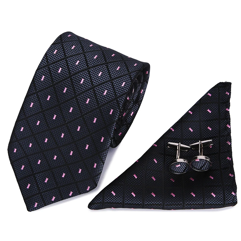 

2018 Fashion Black Pink Plaid 7.5cm Width Tie Hanky Cufflinks Sets Men's Silk Ties for men Formal Wedding Party L1003-S13