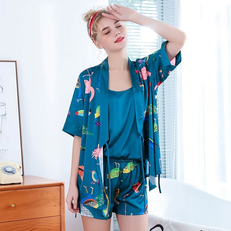 

KISBINI 2019 Summer Imitation Silk Women's Pajamas Stain Set Half Sleeves Shirt+Tank+Shorts Animal Nightwear Sleepwear Pijamas