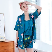 KISBINI летний имитационный шелк женские пижамы комплект пятен Половина рукава рубашка+ майка+ шорты животных ночное белье пижамы