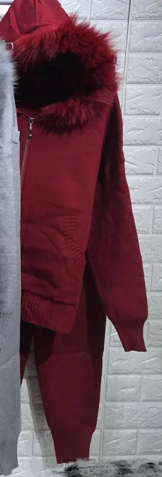 ALPHALMODA Зимние новые трикотажные костюмы куртка с капюшоном из натурального меха вязаные брюки женские модные широкие брюки Chandal Mujer спортивный костюм - Цвет: wine red