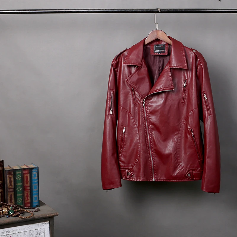 Mens Spring Autumn Faux Leather Large Size Double- layer Collar Male Leather Jacket Festive Red Cool Black Mens Spring Autumn Faux Leather Large Size Double- layer Collar Male Leather Jacket Festive Red Cool Black