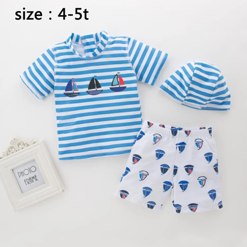 Купальный костюм для маленьких мальчиков; Новинка года; модный детский купальник из 3 предметов; раздельный синий полосатый купальный костюм; детская одежда для плавания - Цвет: blue 5t