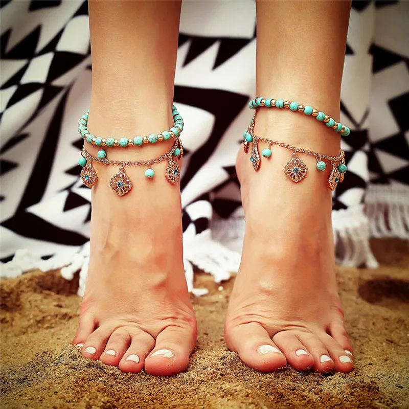 

2Pcs/set Souvenir Ankle Bracelet Foot Jewelry Unique Green Howlite Bead Flower Pendant Gold Color Anklet ain