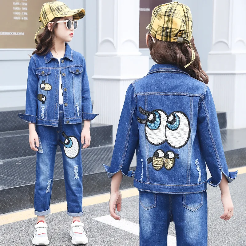 

2019 Teen girl denim suit Spring autumn multiple styles cute Sequin eyes color print children's denim suit