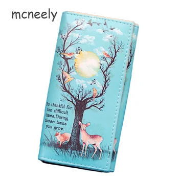 

Brand Mcneely New Fashion Lady Long Leather Wallets High Quality Women Tree and bird deer Wallet School Student Girls Bag Purse